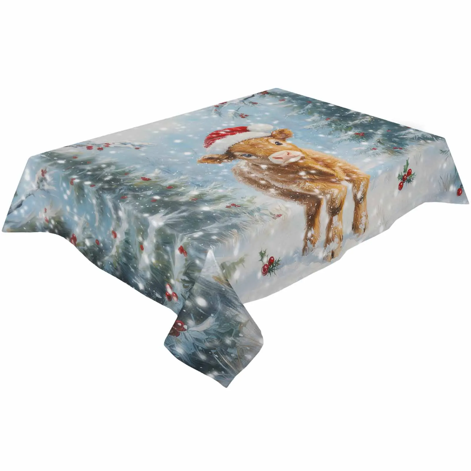 Christmas Highland Cow Pine Tree Tablecloths Waterproof Kitchen Coffee Table For Living Room Home Decor Dining Table