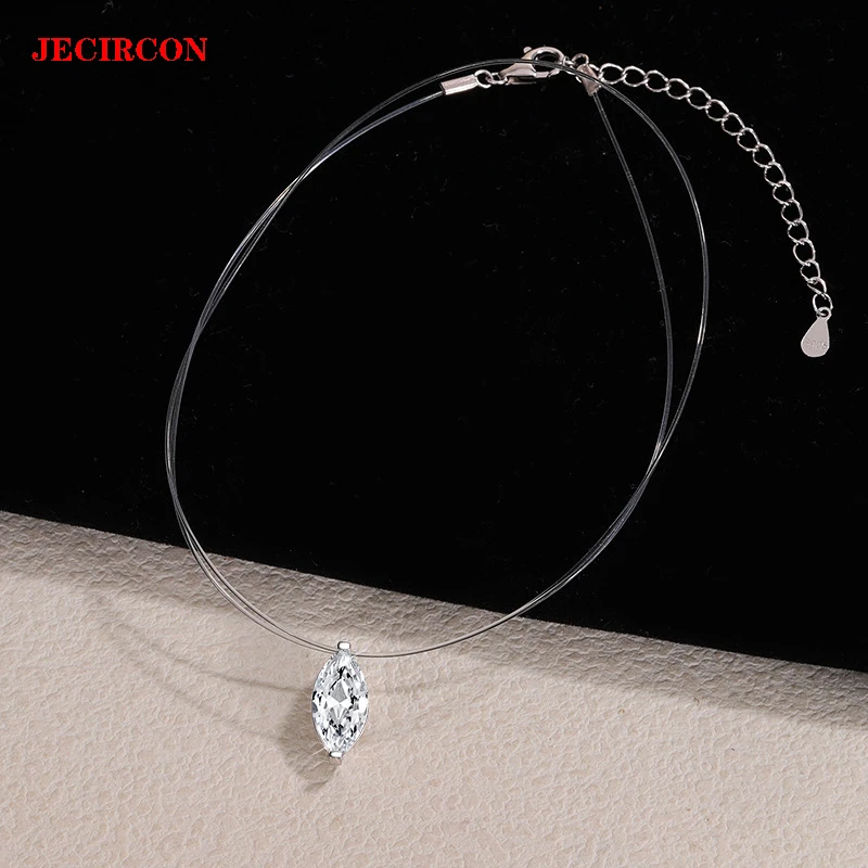 

JECIRCON S925 Sterling Silver Invisible Fish Line Necklace 1/2 Carat Horse Eye Moissanite (White/Green) Dainty Pendant Jewelry