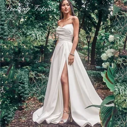 Simple A Line White Wedding Dress Sleeveless High Slit 2024 Satin Button Plain Bridal Gown Sweep Train Pleat Vestido de Novia