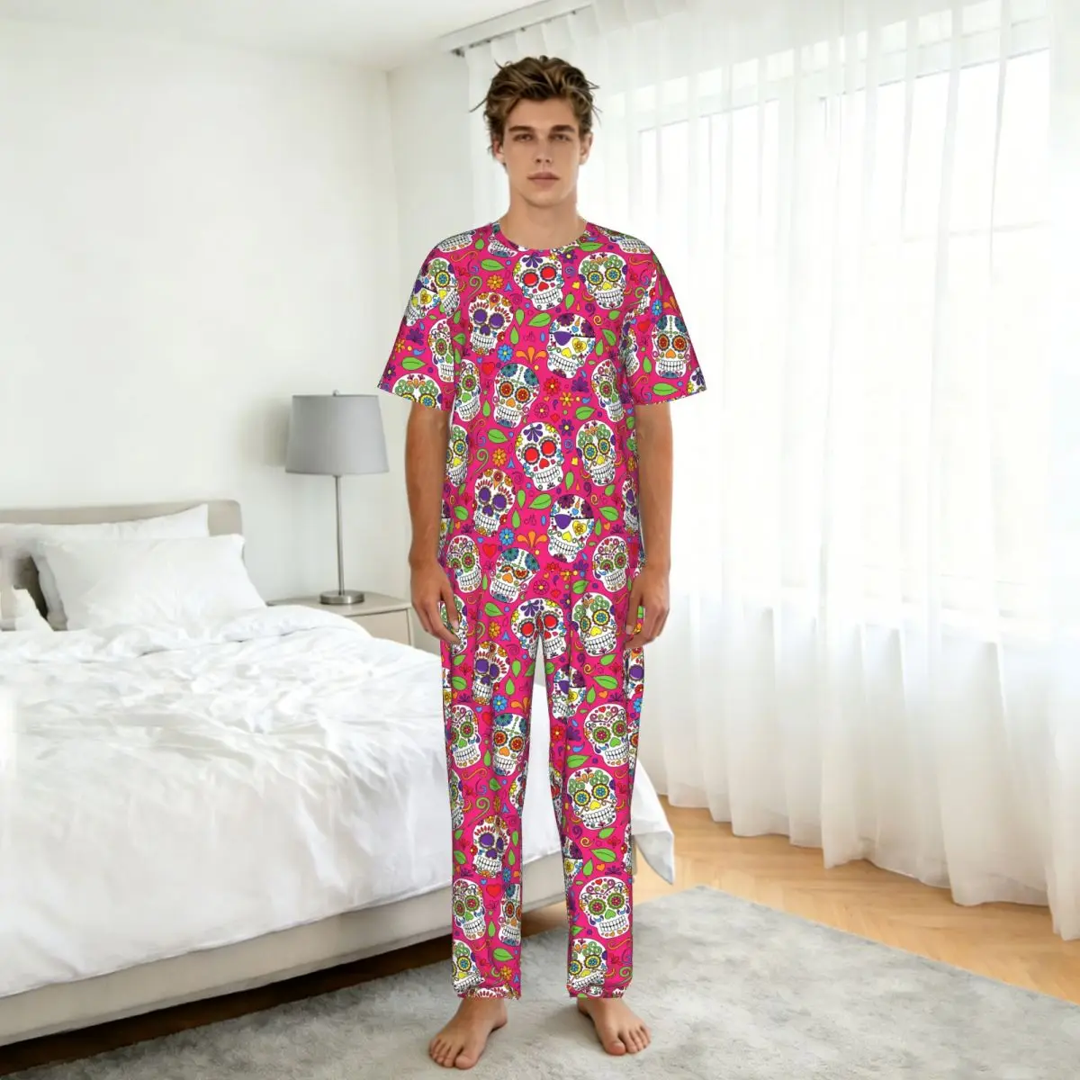 Men Pajamas Suit Short Sleeved Long Pants Day Of The Dead Sugar Skull Sleepwear Summer Home Clothing Set view 5