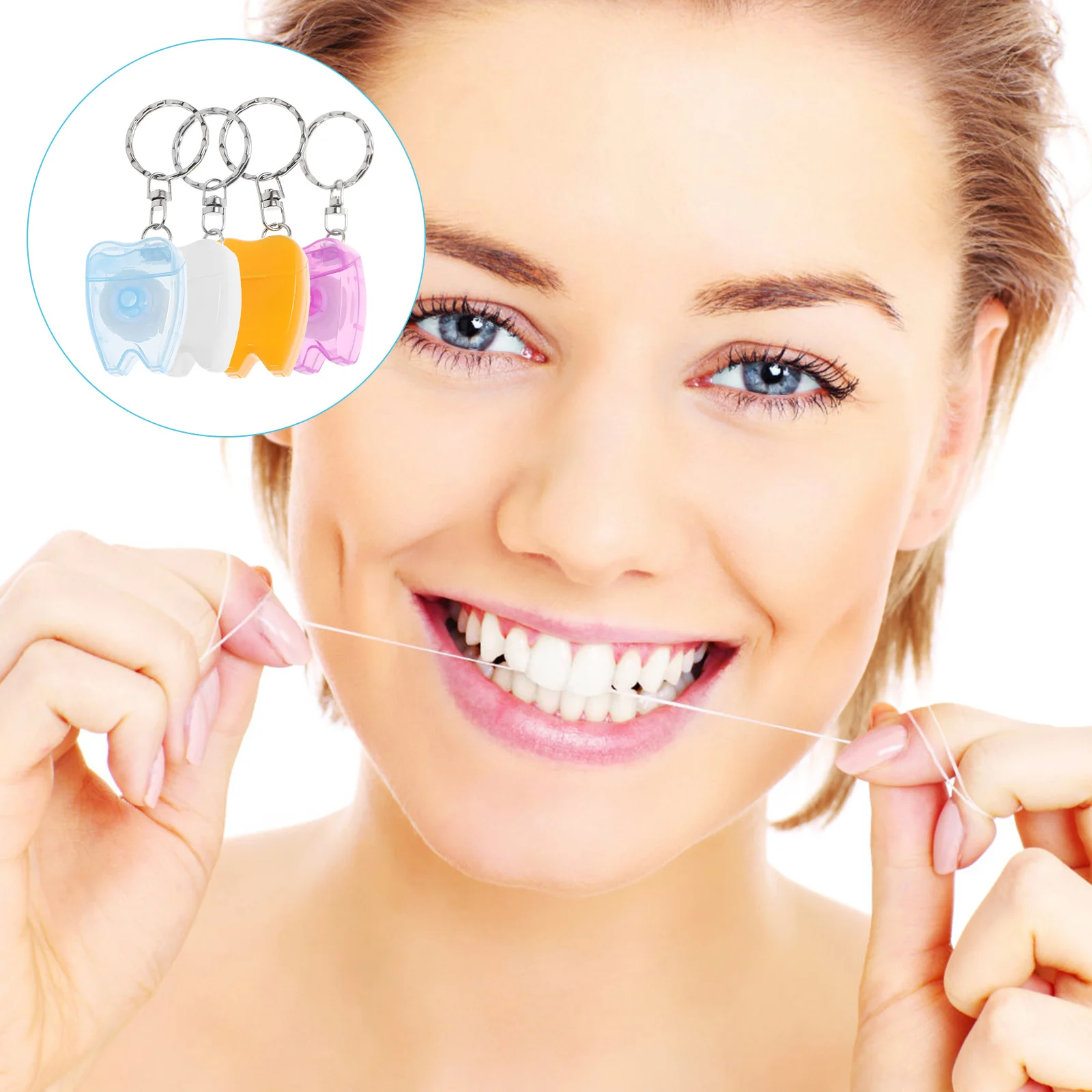 4 قطعة سلسلة المفاتيح الخيط الأسنان المحمولة العناية بالفم تنظيف الأسنان الخيط يختار حلقة رئيسية التنفس الطازج عميق تنظيف بين الأسنان