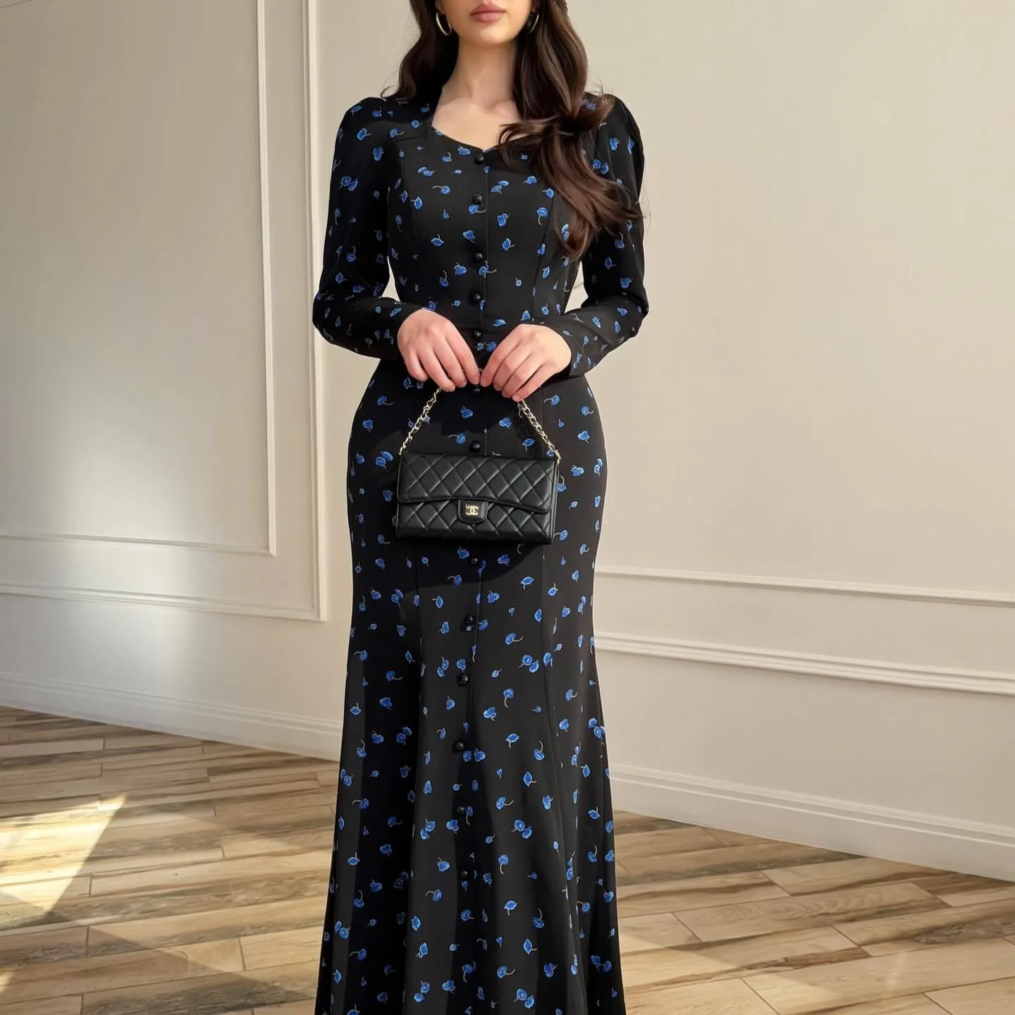 Kleid für Damen mit Punktmuster, Puffärmeln, V-Ausschnitt, A-Linie, Elegantes Figurbetontes Kleid mit Schnürung, Knöpfen und Y2k-Streetwear-Stil für Partys und Abende