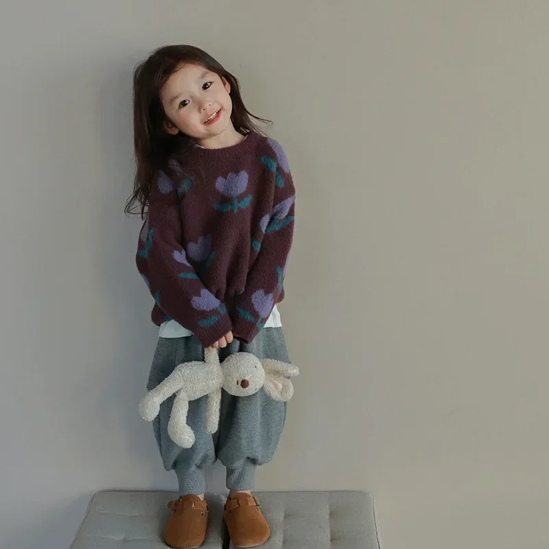 2023 Autumn and Winter New Korean Style Tulip Flower Pullover Sweater Fashion Stylish Top Children Clothing Girls Sweater