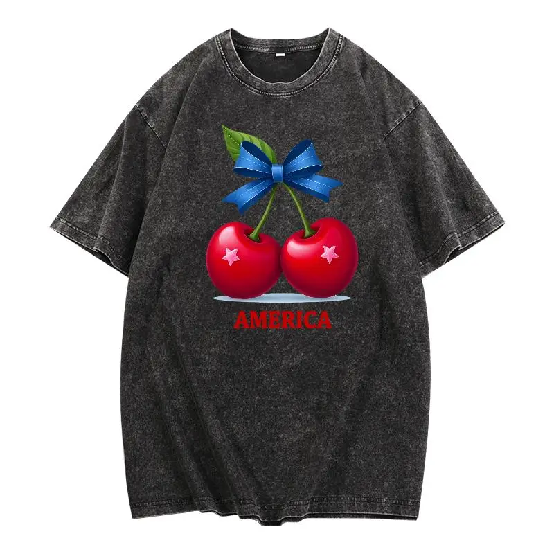 

Patriotic America T-Shirt Unisex Washed Retro Cherry Graphic Tee July 4th Independence Day Gift Cotton Top