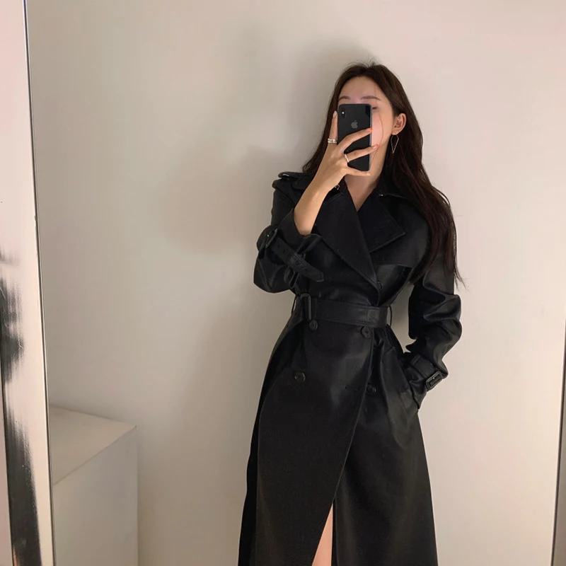 

Bla Knee-Length Leather Jaet Women's Slim Fit Coat Mid-Length Autumn Winter New Sle Korean Sle Commute Sle Polyeste...