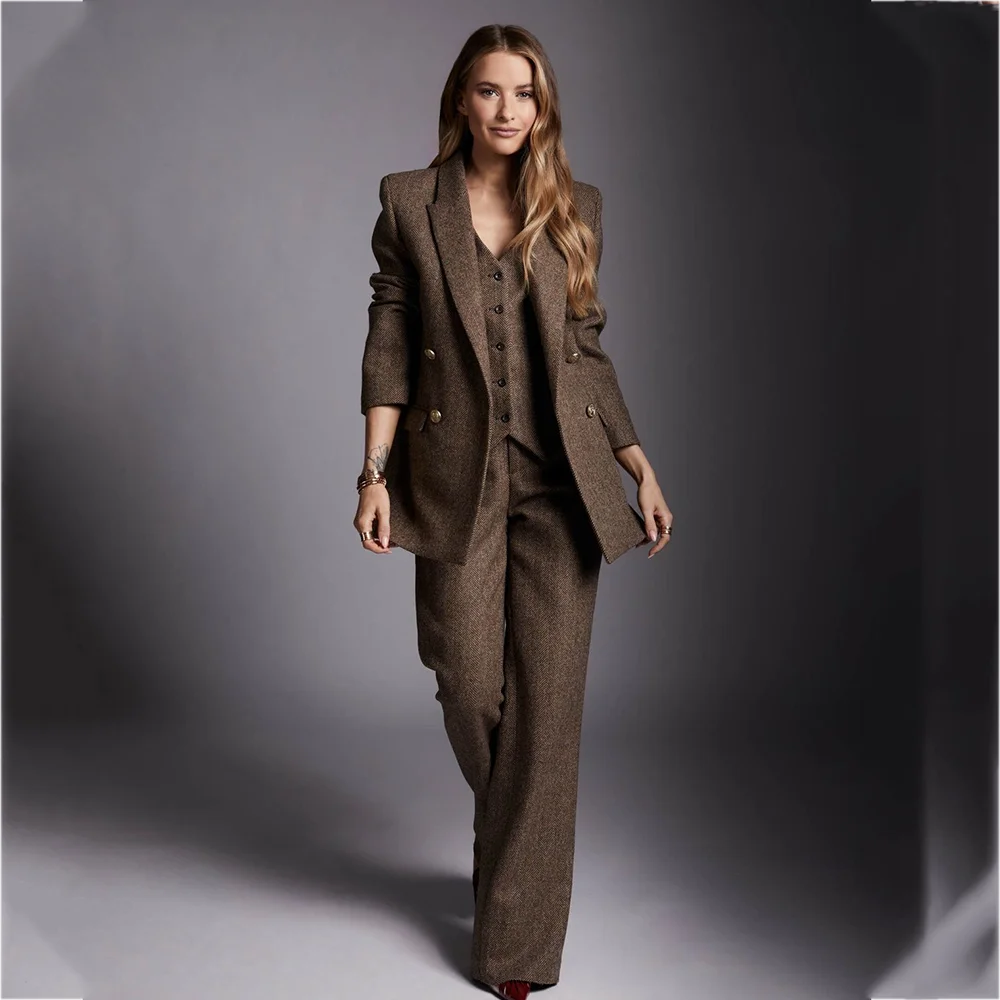 High End Women's Three Pieces Suit Set Double Breasted Blazer Vest Pants Straight Peak Lapel Vintage Office Lady Formal Outfit