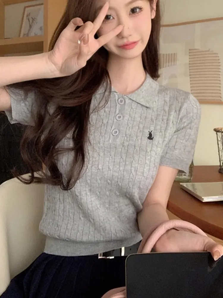 Unique Collar T-irt Women's Beautiful Knitted ort Sve Summer Embroidery Design Top Slim Fit Korean Sle Commute ...