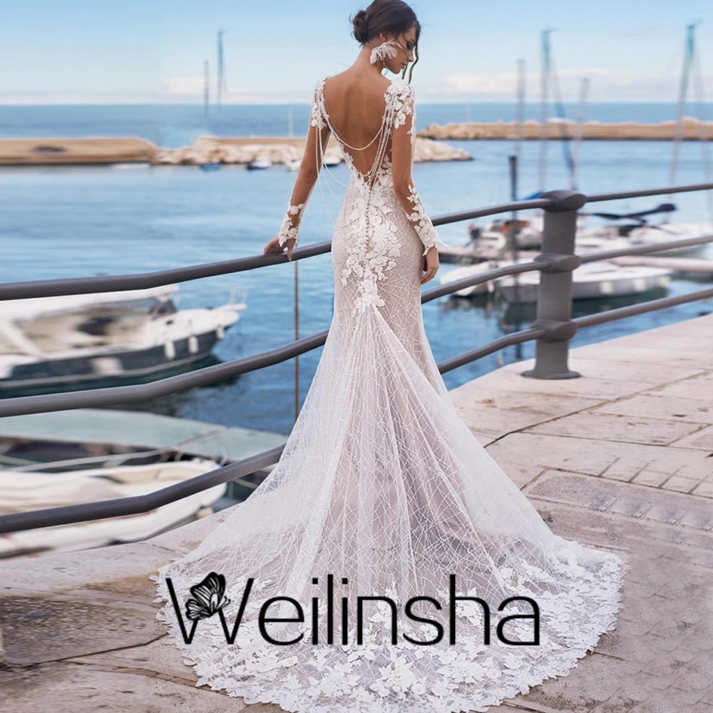 Weilinsha Mermaid Ivory V Neck Full Sleeve Floor Length Romantic Bridal Gowns 2022 New Lace Strapless Wedding Dresses Winter