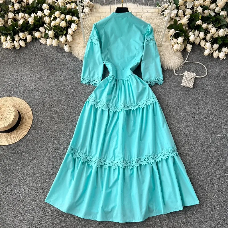 Light Green Women Dress Bodycon V-neck Summer Holiday Lady Clothing Vintage Runway Design Lace Patchwork White Vestidos