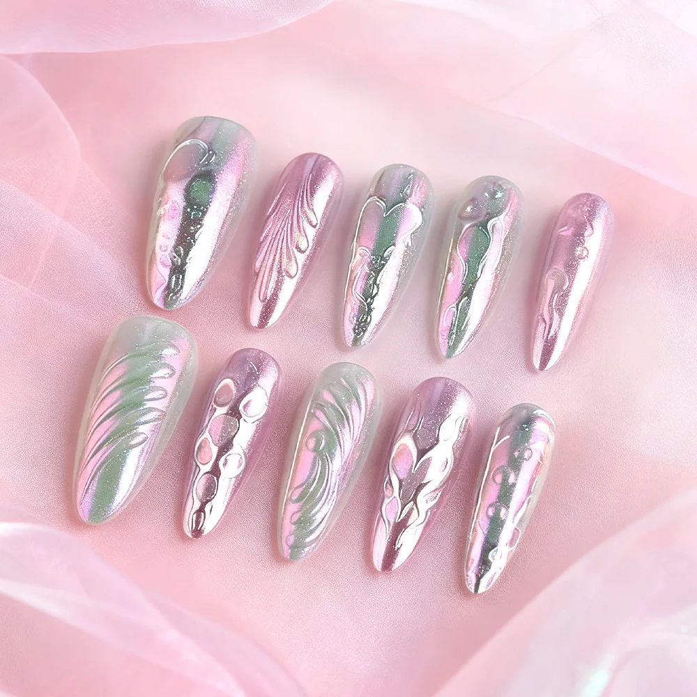 

24Pcs Long Stiletto Press on Fake Nails with Pink Aurora Gradient False Nails 3D Irregular Design Wearable Full Cover Nails Tips