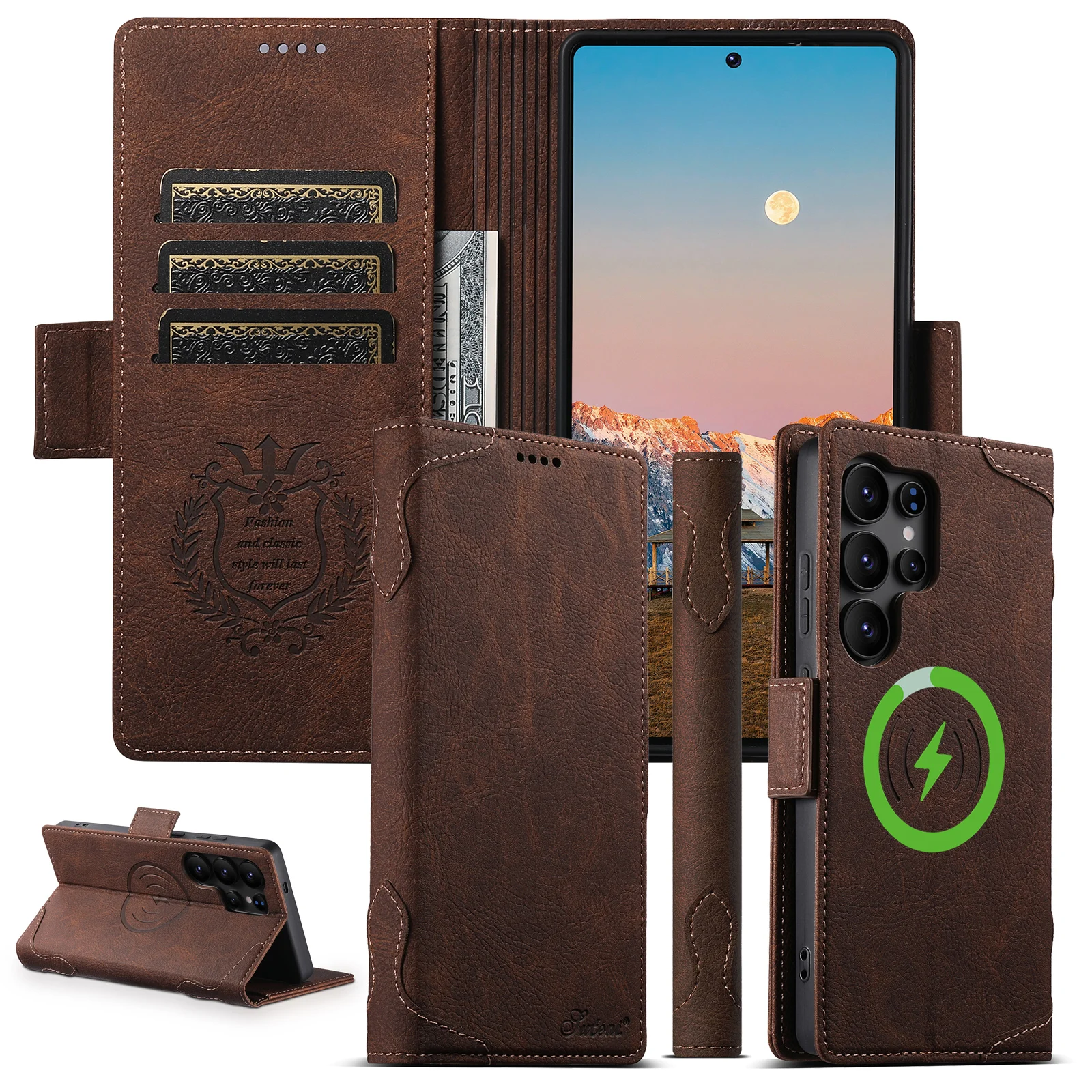 Drahtlose Aufladung Kunstleder Kartenhalter Ständer Brieftasche Magnetknopf Flip Cover Handyhülle für Samsung Galaxy S26Ultra S25
