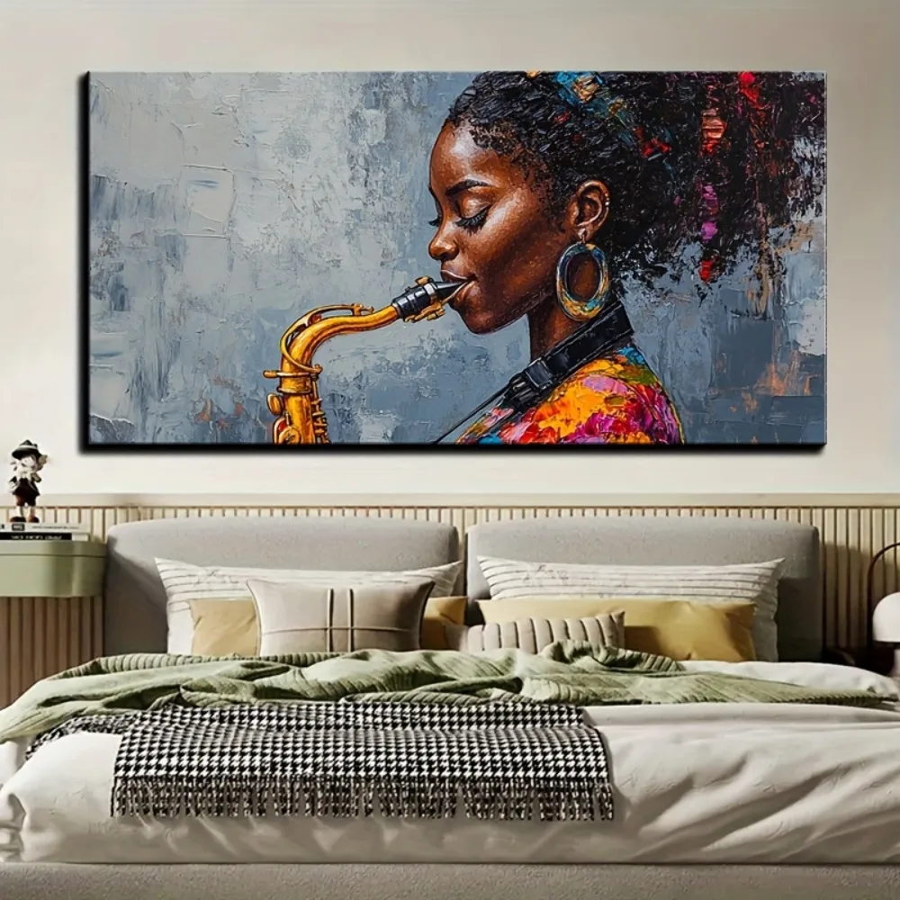 

Saxophonist canvas wall art, abstract jazz hand painting, upholstery,1.5 inch thick pine solid wood frame