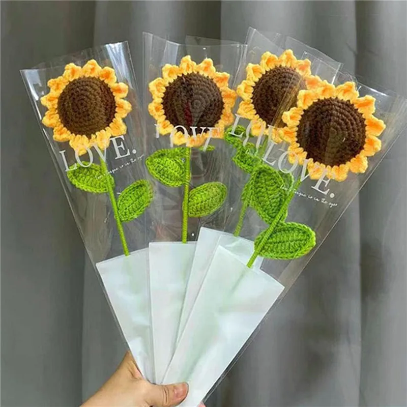 Handmade Knitting Sunflower Bell Flower Decoration Home Ornament Birthday Gift Needle Crochet Plush Flower Leaves Plant Finished