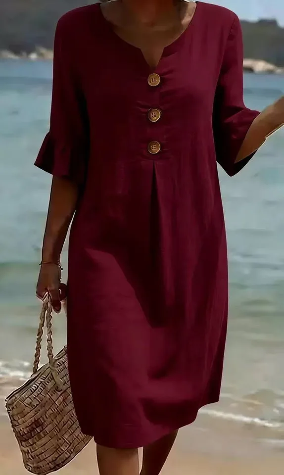 Vestido de lino y algodón para primavera y verano 2026, escote en V con botones grandes y volantes, estilo europeo y americano para venta transfronteriza 5