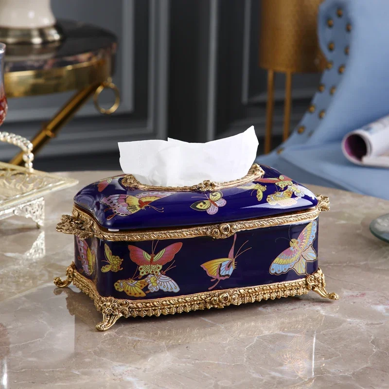 Luxury ceramics with copper wrapped porcelain tissue box light villa soft retro inlaid drawer decoration