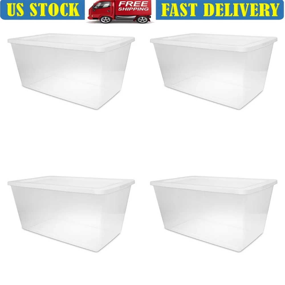 

90 Qt Plastic Storage Box Set of 4 Clear Base Opaque Lid Stackable Organizing Containers Household Seasonal Gear