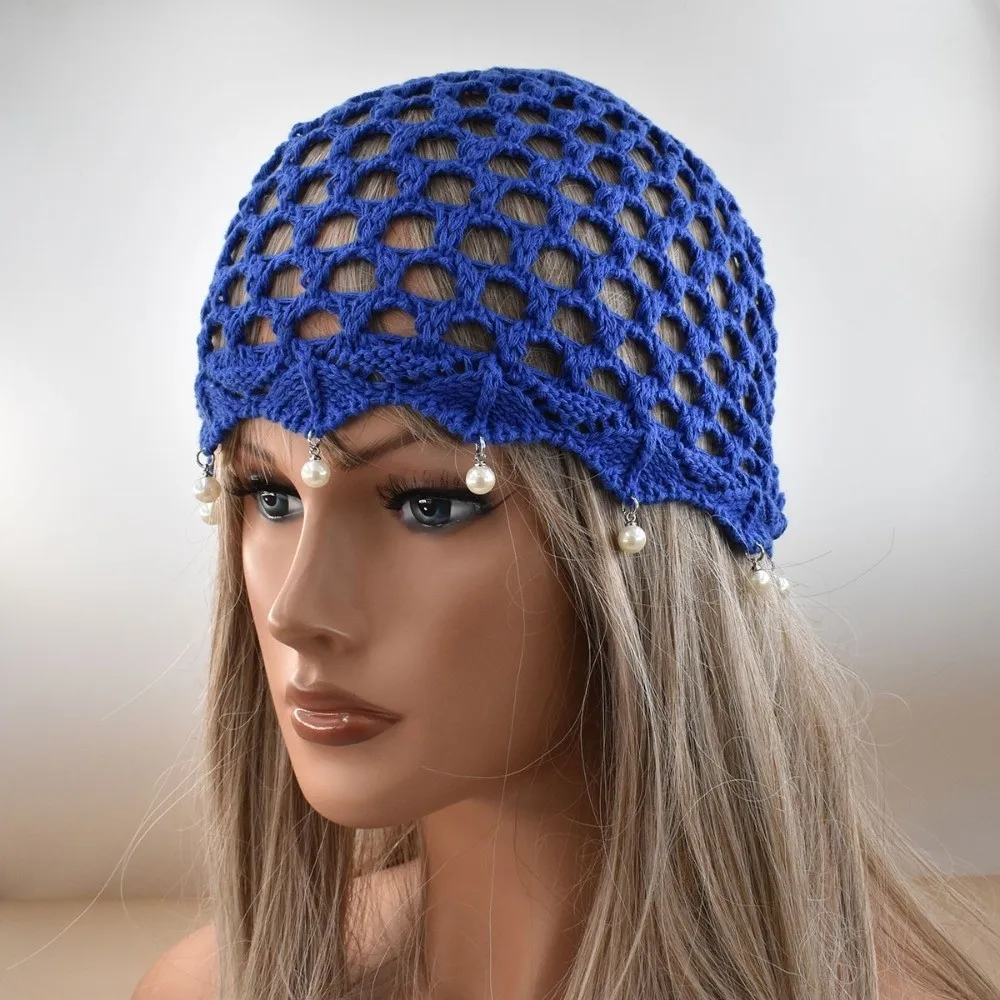 Hollow Out Crochet Knitted Hat Beads Tassels Adjustable Hollow Knit Cap Handmade Charm Pullover Style Ethnic Style Cap