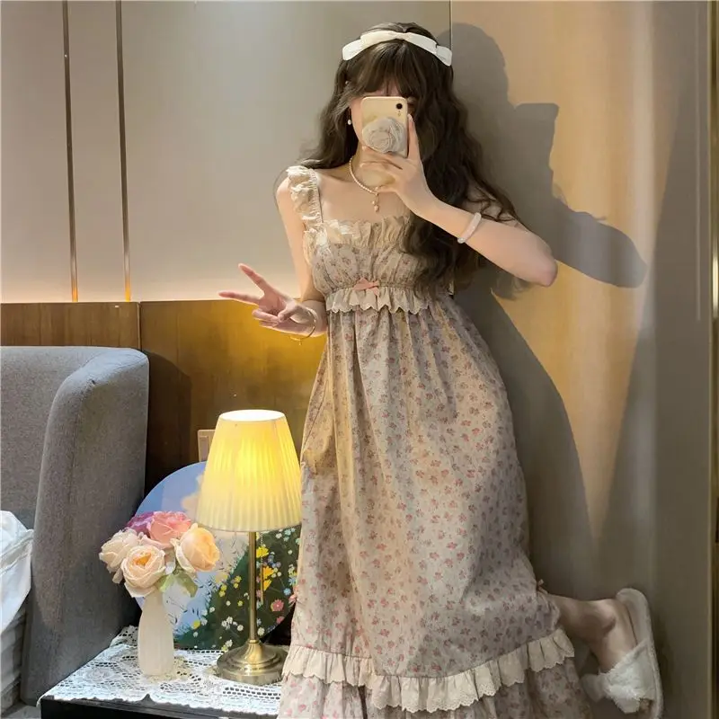 Korean Kawaii Princess Nightdress Women Summer Sleeveless Ruffles Printed Princess Nightgowns Sweet Girl Pajama Sleepwear