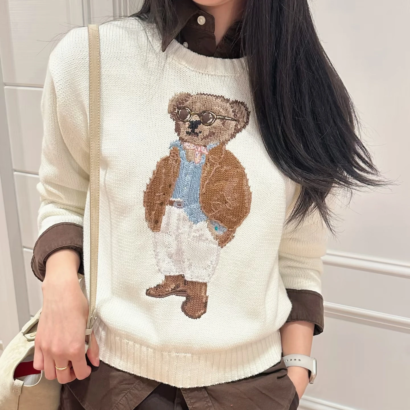

Casual Loose Long Sleeve Cotton Wool Knitted Sweater Embroidered Head Bear round Neck College Style Autumn Winter New Fas...