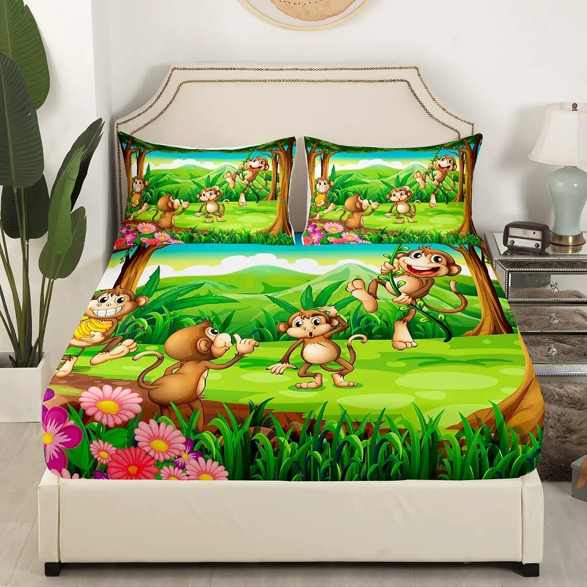 Monkey Fitted Sheet, Cute Cartoon Animal Bedding Sets Nature  Decor Fitted Bed Sheets Rustic Garden Theme Bedding Collection