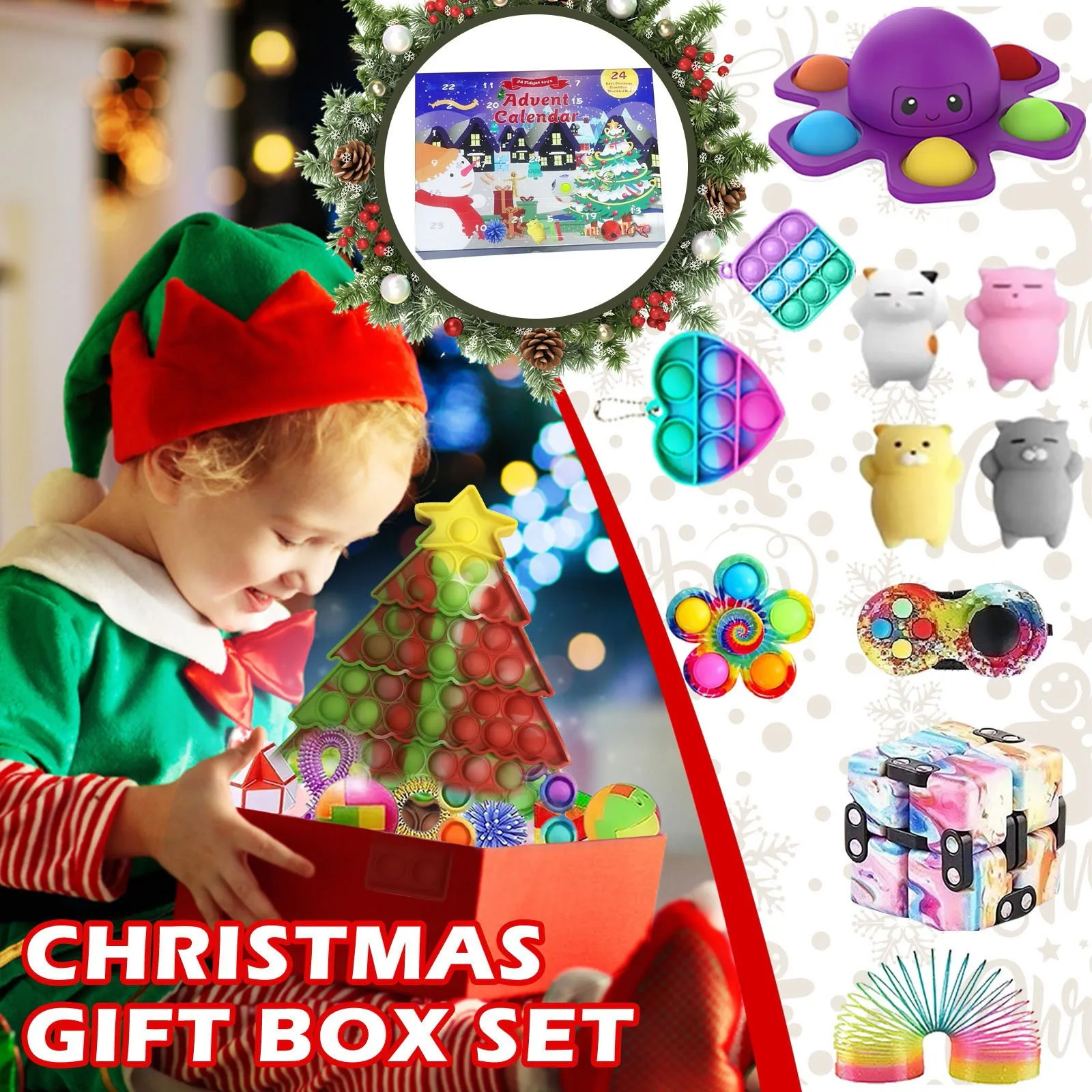 24pcs Christmas Silicone Decompression Toys Kit Educational Brain Training Stress Relief Squeezing Board Sensory Fidget Toy Pack