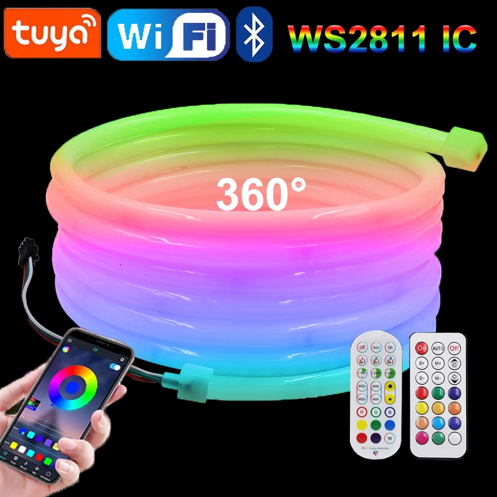 360 Round Neon LED Strip Light 24V WS2811 RGB IC Smart WiFi Bluetooth Remote Control Waterproof Neon Rope Lights Holiday Decor