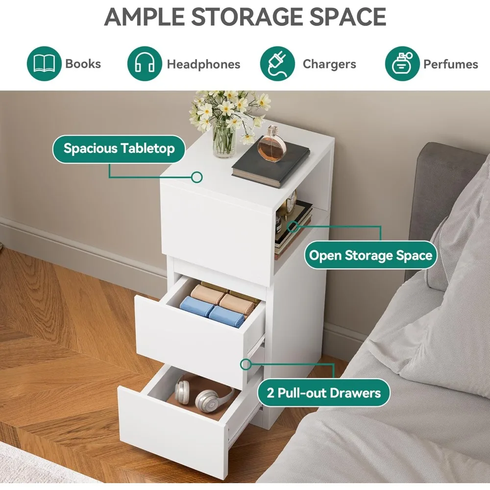 Juego de 2 Mesitas de Noche Delgadas con Luz، 2 Cajones y Almacenamiento Abierto #5