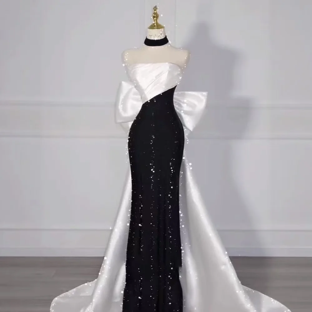 

Fashion White and Black Off the Shoulder Prom Dresses Strapless Sequin Mermaid Satin Evening Wedding Party Gown Robes De Soirée