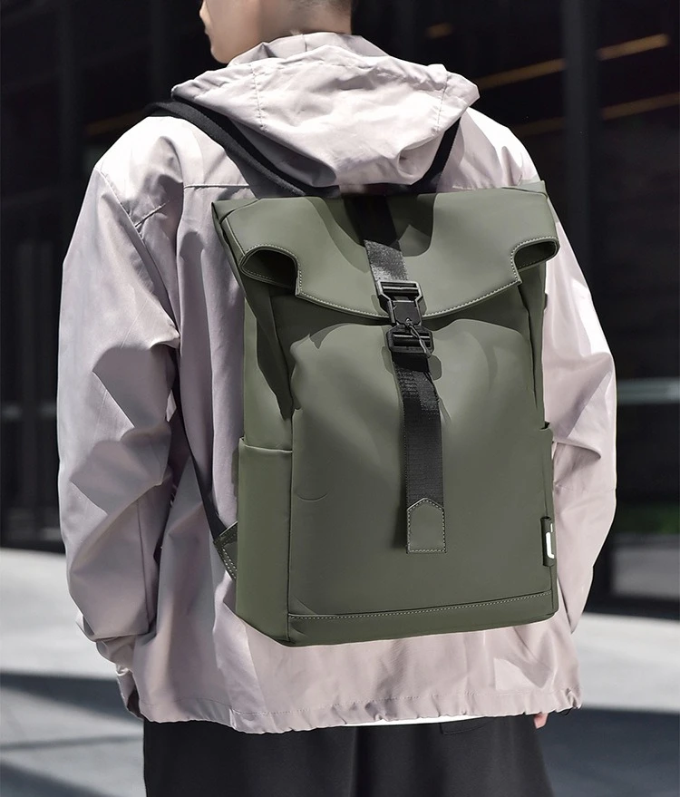 Waterproof leather film men's flip cover lock shoulder backpack, lightweight schoolbag, computer storage, commuting and travel