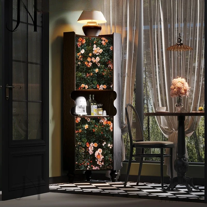 French retro flower picture Solid wood triangular cabinet Living room against the wall vertical cabinet Storage corner