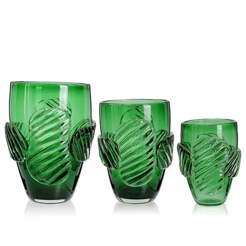 Green glass vase large diameter hot adhesive creative flower arranger wholesale high-end soft decoration vase flower pot