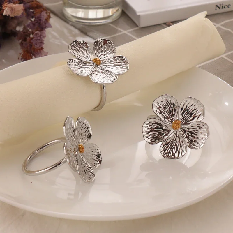 Metal Flower Napkin Rings Set Of 6 Silver Gold White Serviette Buckles Holder For Wedding Birthday Easter Thanksgiving Christmas