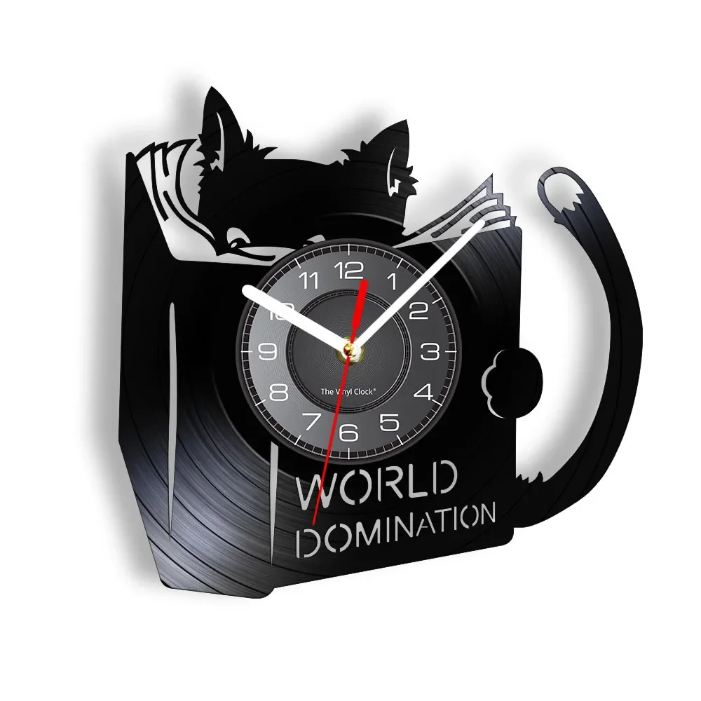 World Domination for Cat Kitty Reading Books Vinyl Record Wall Clock Anime Black Kitten Home Decor Timepieces Cat Lover Gift