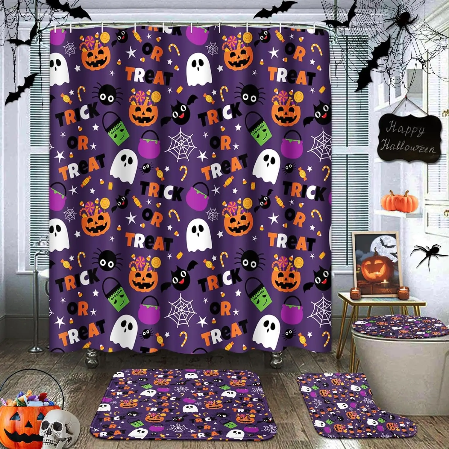 Halloween Sweet Candy Shower Curtain Set with Toilet Lid Cover and Non-Slip ,Pumpkin Cute Fall 4Pcs Shower Curtains for Bathroom