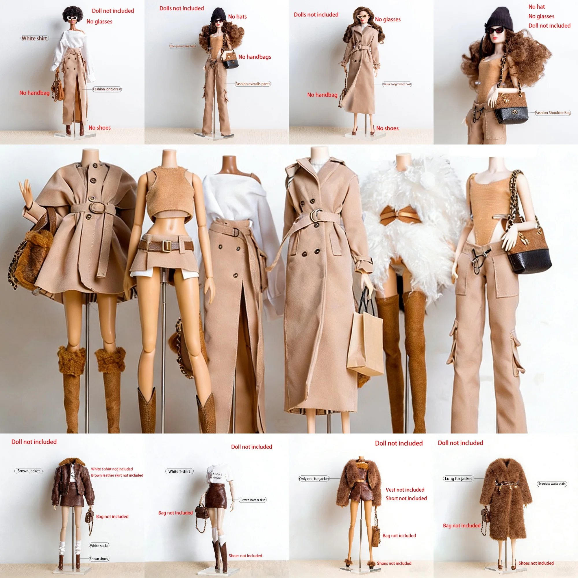 Xianxian Original Design Supermodel Clothes Fashion Classic Trench Coat/Luxury Fur/One-piece Vest/overalls Pant Set For 1/6 Doll