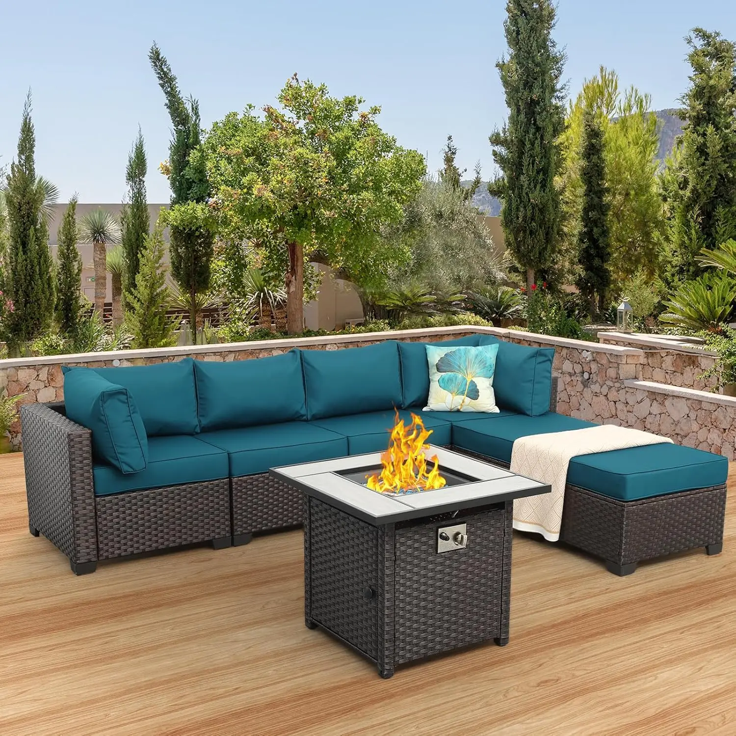 

Outdoor Patio Furniture Set 7 Pieces Sectional Sofa Brown Rattan Conversation Couch with PE Wicker Propane Fire Pit Table Blue