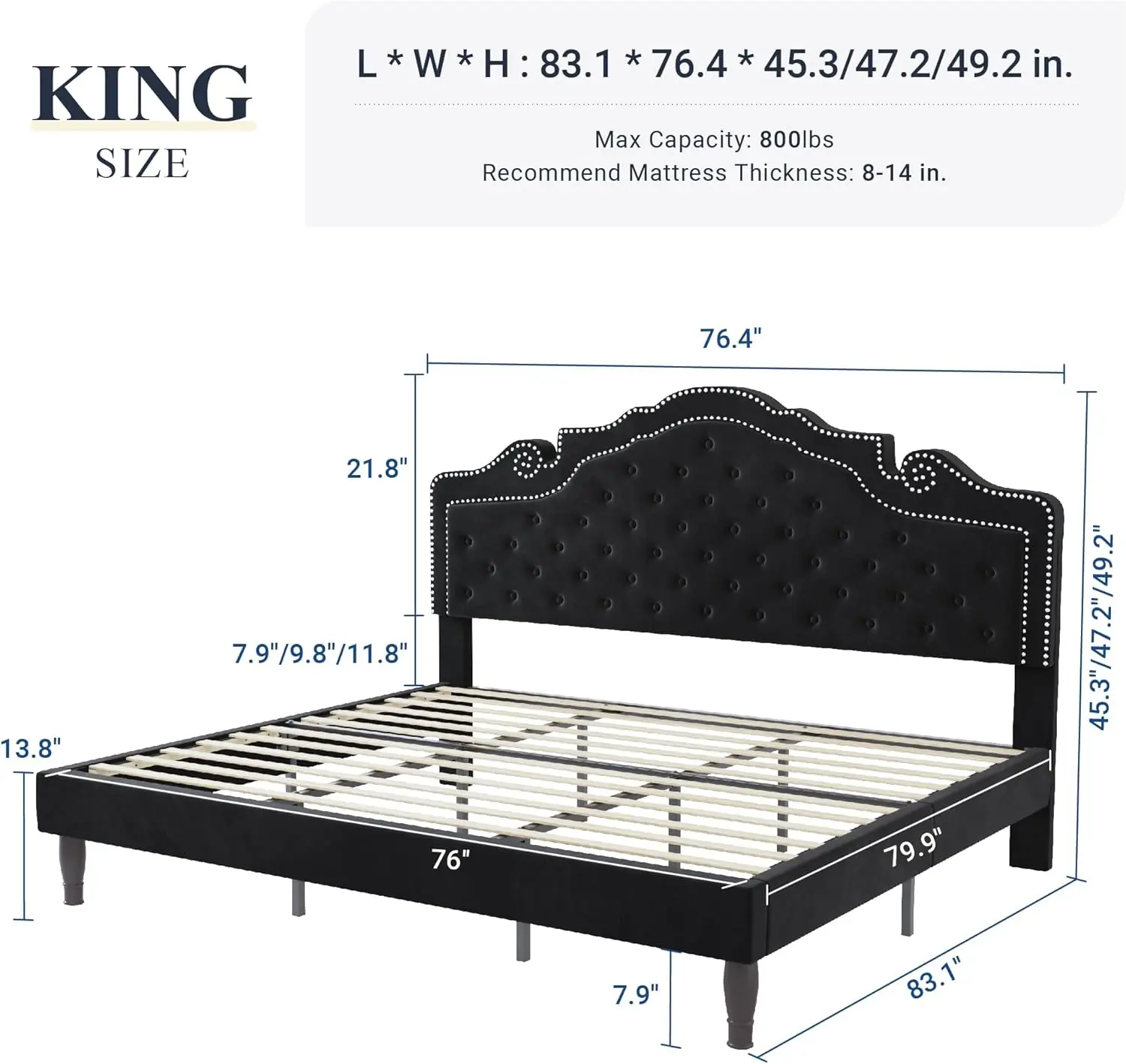 King Size Platform Bed Frame with Adjustable Velvet Tiara Headboard, Upholstered Diamond Button Tufted, Wood Slats Support, No B