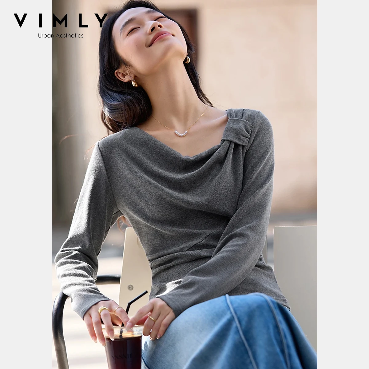 

Vimly Women's Retro T-Shirt 2025 Autumn Knotted Collar Long Sleeve Slim-Fit Tee Vintage Stretchy Basic Casual Pullover Top M9888