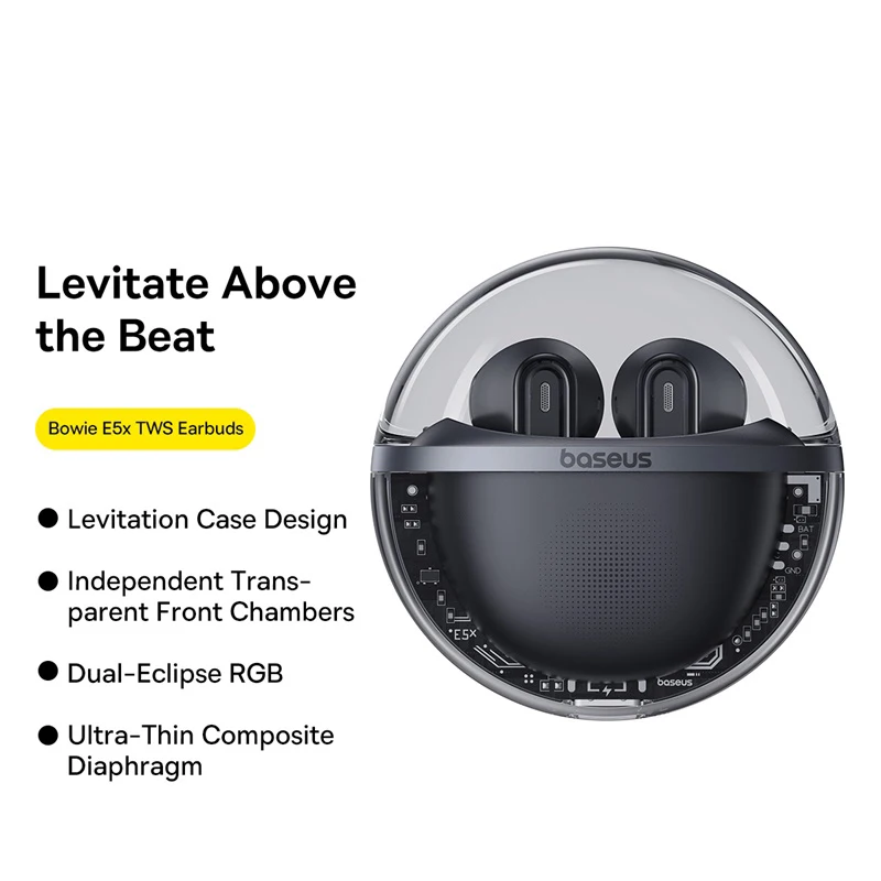 Audífonos inalámbricos Baseus Bowie E5x True Wireless con Bluetooth 5.3, diseño semi-intraaural, 4 micrófonos con IA ENC, 25 horas de reproducción. 3