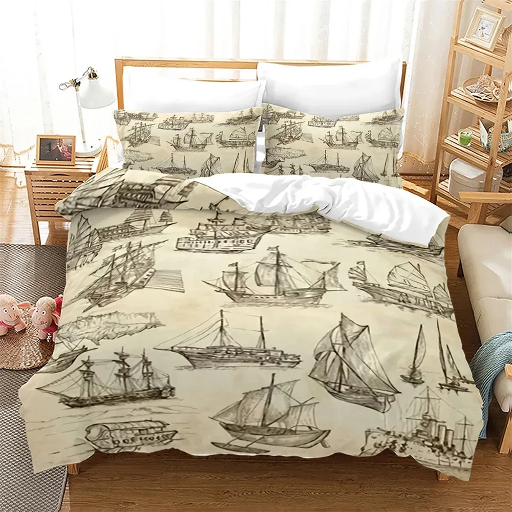 Pirate Ships Duvet Cover Set Vintage Nautical Style Comforter Cover Polyester Bedding Set Medieval Sailing Ship King Queen Size