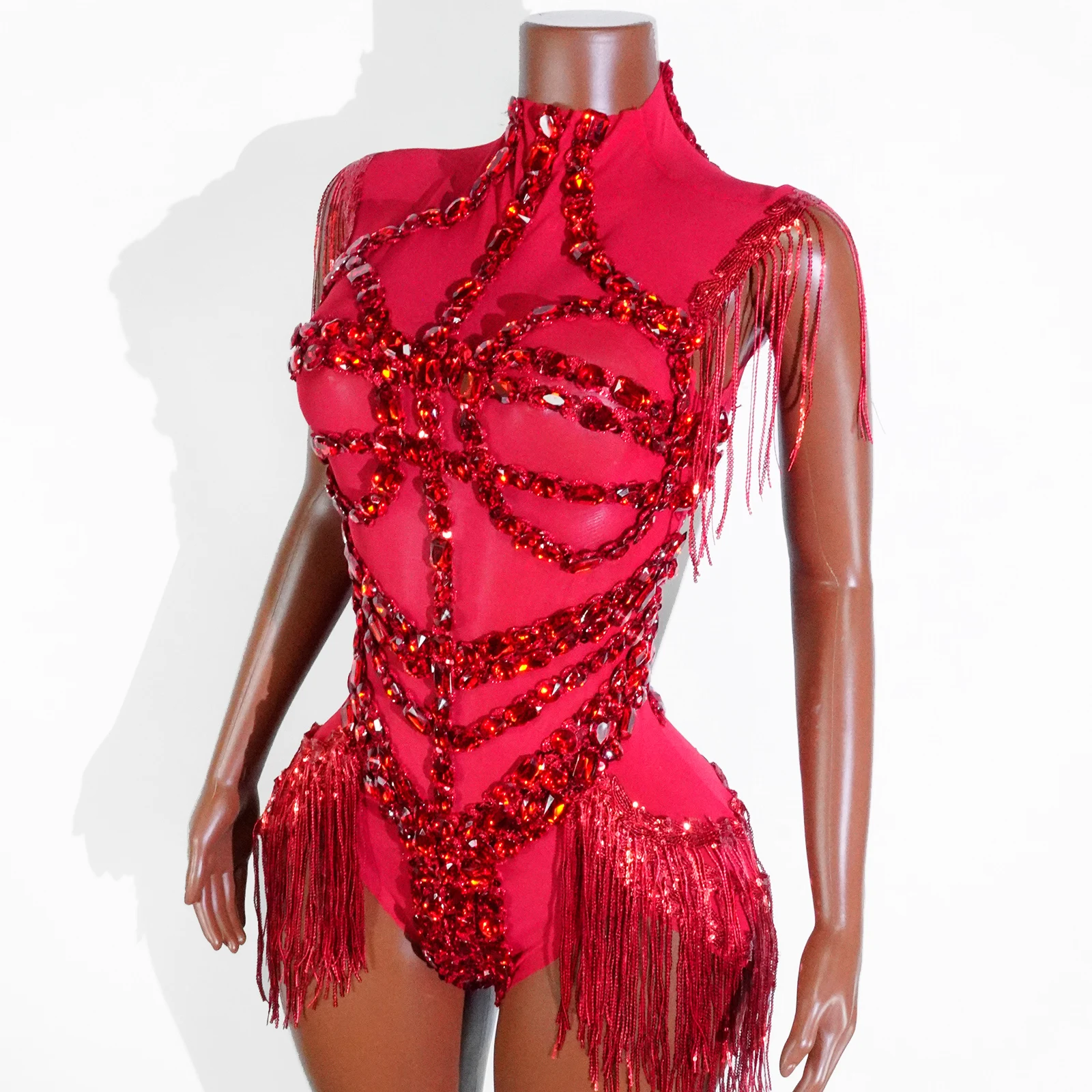 Nuovo stile sexy maglia trasparente strass nero strass body cantante ballerino spettacolo abito da palcoscenico celebra festa night club perforare