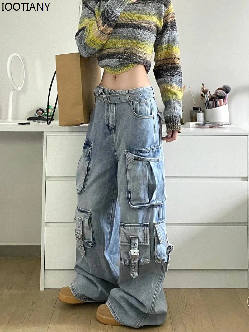 New Ladies Cargo Jeans American Street Style Baggy Cargo Pants Women Blue Multi-pocket High-waisted Wide Leg Trousers For Women