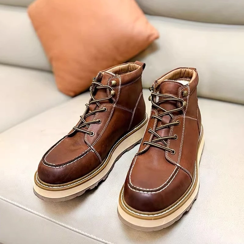 

Men's Shoes Non-slip Wear-resistant Casual Warm Wool Genuine Leather Boots Vintage Thick Sole Outdoor Walking Winter Snow Boots
