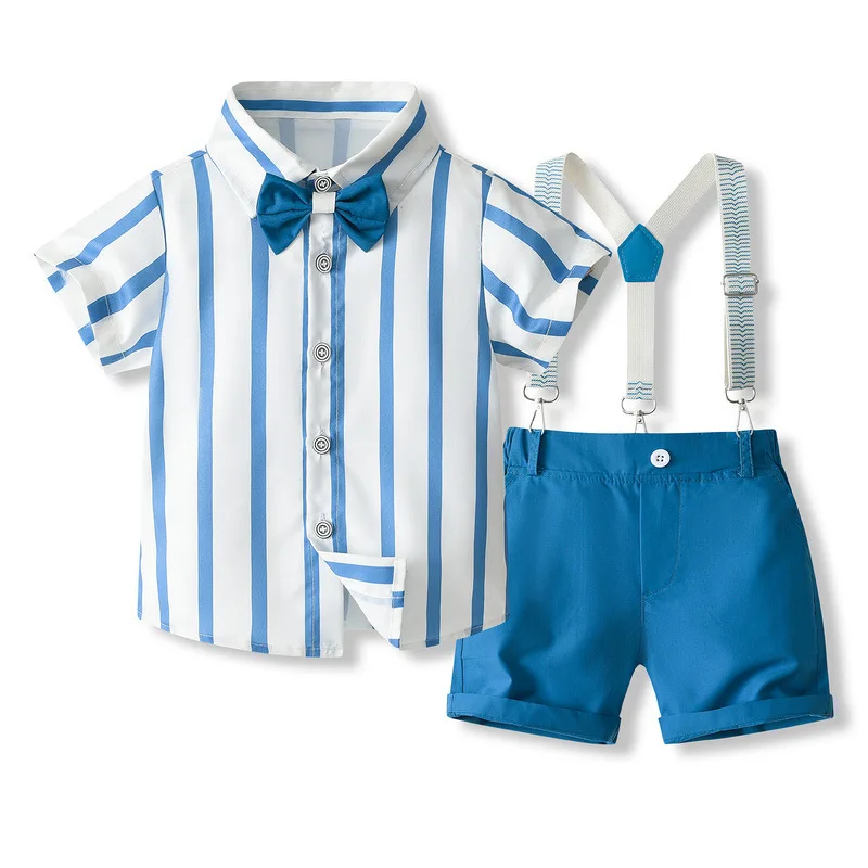 

4Piece Sets Baby Boy Clothes Korean Fashion Gentleman Stripe Cotton Short Sleeve Blue Tops+Shorts Boutique Kids Clothing B076
