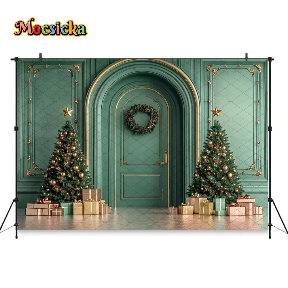Mocsicka elegante verde puerta de Navidad fondo fotografía brillo árbol de Navidad regalo telón de fondo invierno retrato familiar estudio fotográfico