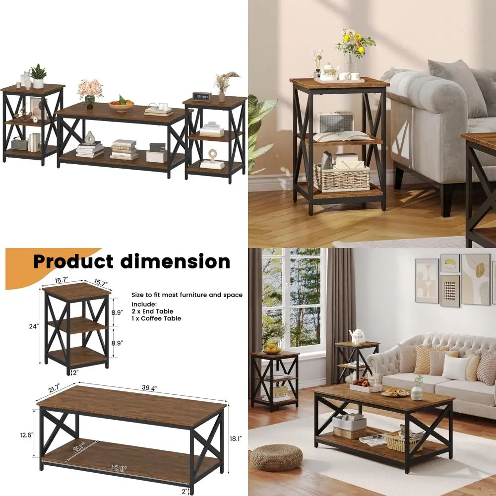 Industrial Style 3-Piece Living Room Coffee Table Set with X-Design and Two Side Tables