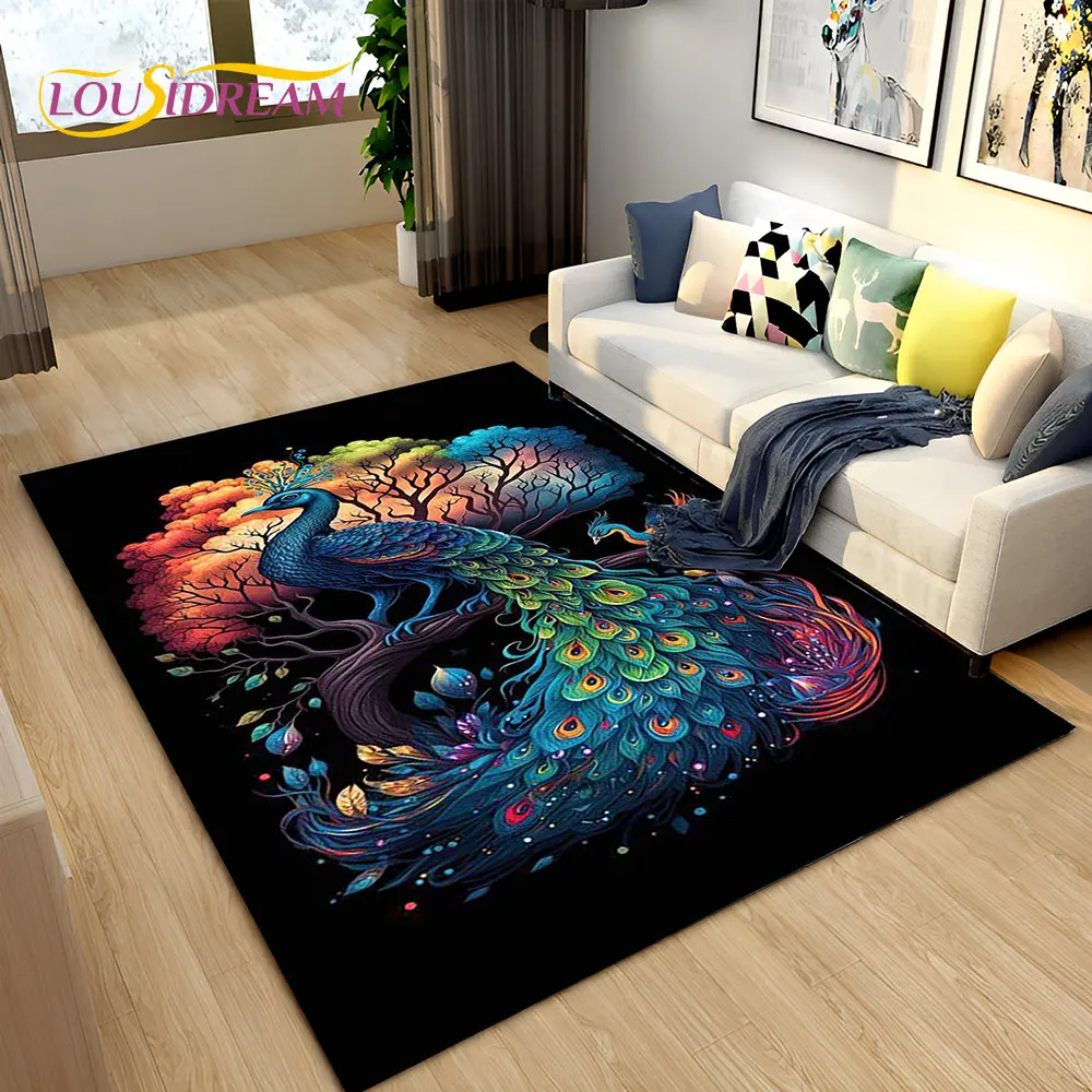 

3D Peacock Bird Animal Cartoon Area Rug,Carpet Rug for Living Room Bedroom Sofa Doormat Kitchen Decor,Child Non-slip Floor Mat