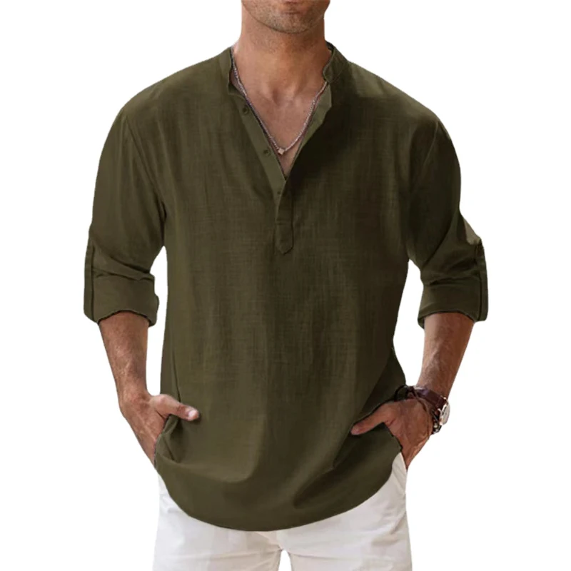 Nieuwe katoenen linnen shirts voor heren Casual shirts Lichtgewicht Henley Beach-shirts met lange mouwen Hawaiiaanse T-shirts voor heren