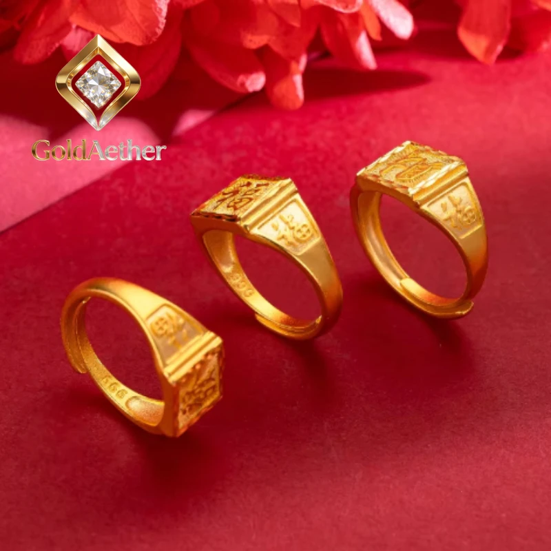 GoldAether Unisex 9999 24K real gold lucky character ring good luck wealth letter rings adjustable for men and women