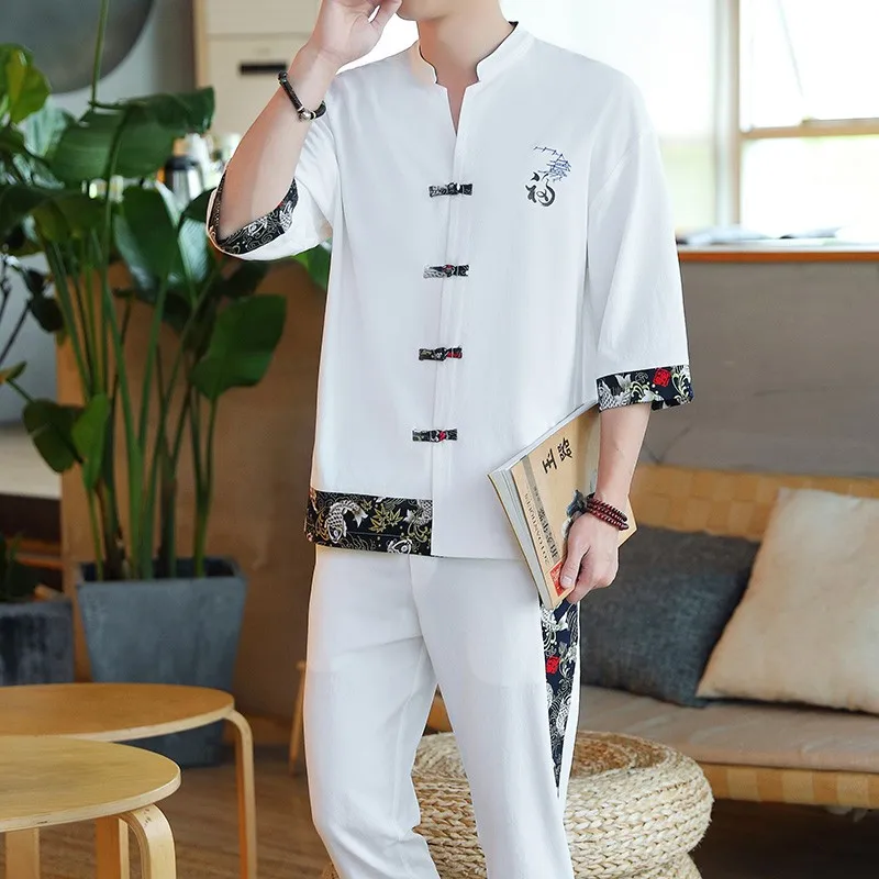 Linnen Zen Thee T-Shirt Broek Kung Fu Uniform Oosterse Mode Casual Losse T-Shirt Chinese Retro Stijl Tang Pak Mannen Broek